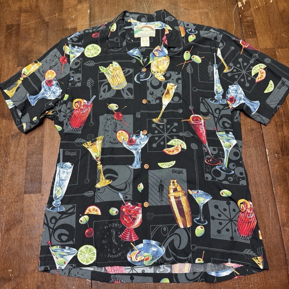VTG Paradise Found Hawaiian Shirt Adult M Black Button Up Mens Camp Cocktails - Picture 2 of 6